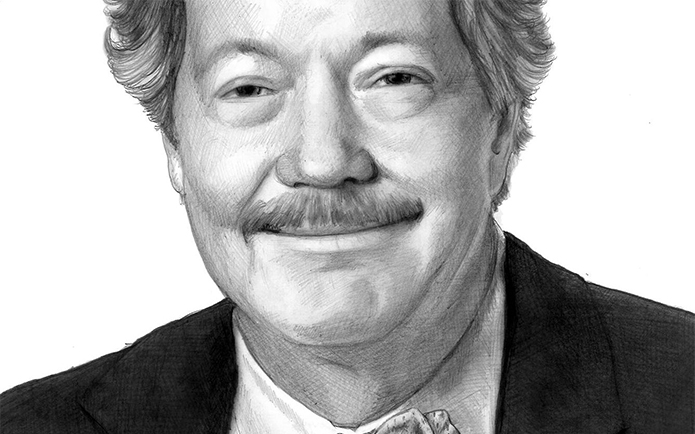 Black and white drawing of an older man with a mustache
