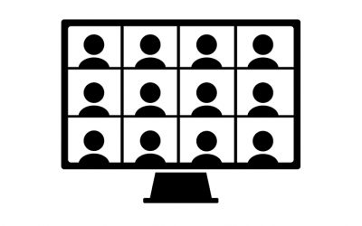 Multiple people icons on a computer monitor. Simple black and white illustration.